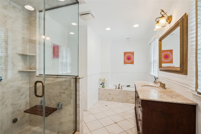 26 Woodgreen Ln, East Hills, NY 11577 - full bath with vanity, a garden tub, tile patterned floors, a stall shower, and recessed lighting