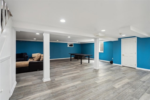 26 Woodgreen Ln, East Hills, NY 11577 - recreation room with light wood-style flooring, recessed lighting, and baseboards