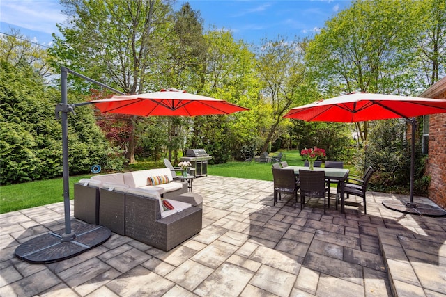 26 Woodgreen Ln, East Hills, NY 11577 - view of patio / terrace featuring outdoor dining area, outdoor lounge area, and grilling area