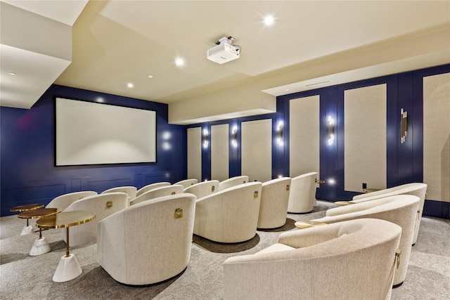 carpeted cinema featuring recessed lighting