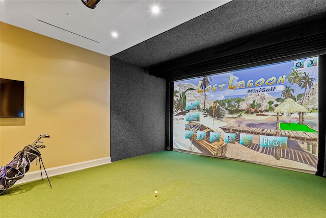 rec room with recessed lighting, carpet, golf simulator, and baseboards