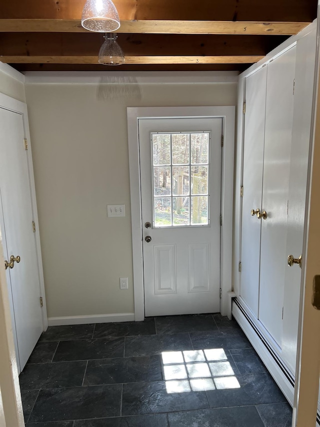 entryway featuring baseboards, stone finish flooring, baseboard heating, and beamed ceiling
