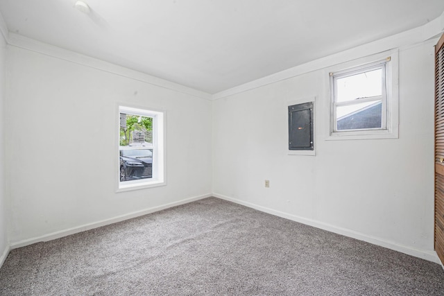 empty room with baseboards, carpet, and electric panel