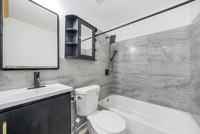 full bathroom featuring washtub / shower combination, decorative backsplash, vanity, and toilet