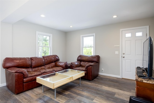 352 Gibbs Pond Rd, Nesconset, NY 11767 - living area with dark wood finished floors, baseboards, plenty of natural light, and recessed lighting