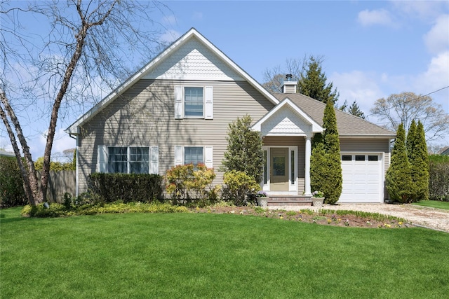 view of front of property with a garage, dirt driveway, a chimney, and a front lawn