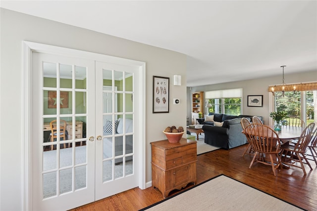 dining area with french doors, wood finished floors, and a healthy amount of sunlight