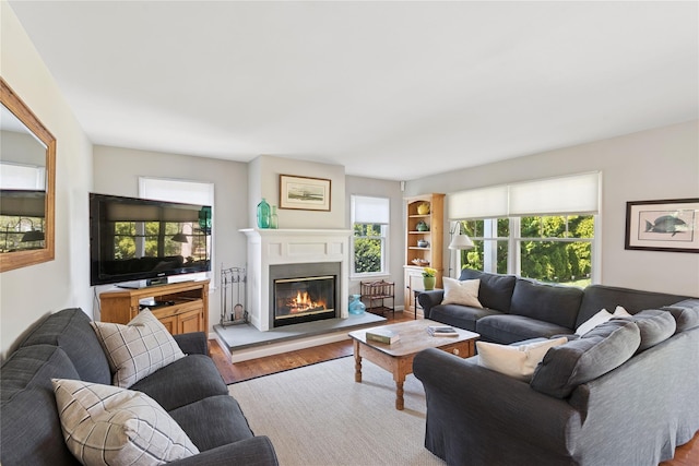 living room with a glass covered fireplace, plenty of natural light, and wood finished floors