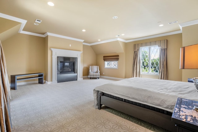 9 Earle Dr, Muttontown, NY 11791 - carpeted bedroom with recessed lighting, a glass covered fireplace, and ornamental molding
