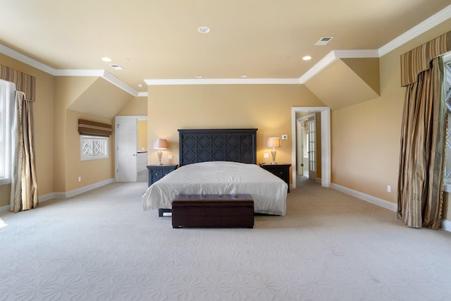 9 Earle Dr, Muttontown, NY 11791 - bedroom with light colored carpet, lofted ceiling, crown molding, and recessed lighting
