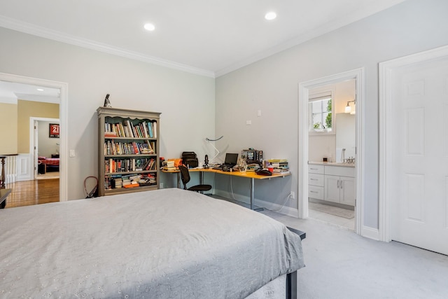 9 Earle Dr, Muttontown, NY 11791 - bedroom with crown molding, recessed lighting, light colored carpet, ensuite bathroom, and a desk