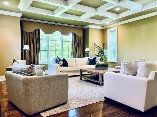 9 Earle Dr, Muttontown, NY 11791 - living area with crown molding, plenty of natural light, recessed lighting, beamed ceiling, and coffered ceiling