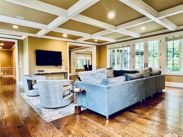 9 Earle Dr, Muttontown, NY 11791 - living room with coffered ceiling, wood finished floors, ornamental molding, and beamed ceiling
