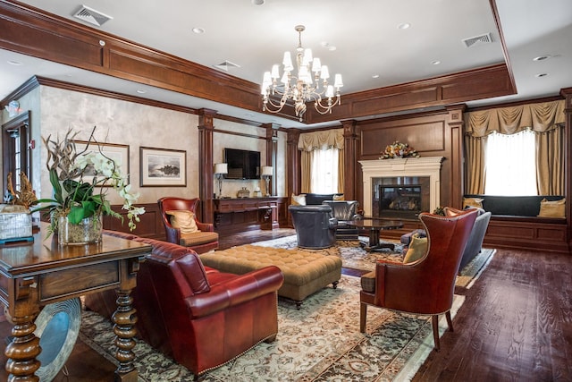 9 Earle Dr, Muttontown, NY 11791 - living area featuring a chandelier, ornamental molding, wood-type flooring, and a premium fireplace