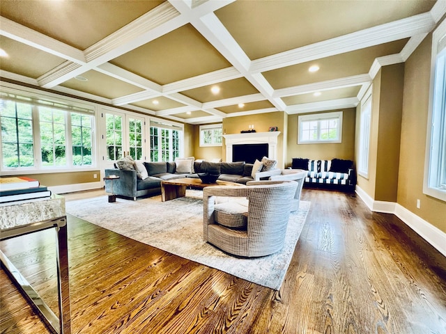 9 Earle Dr, Muttontown, NY 11791 - living room featuring wood finished floors, coffered ceiling, beamed ceiling, recessed lighting, and a fireplace
