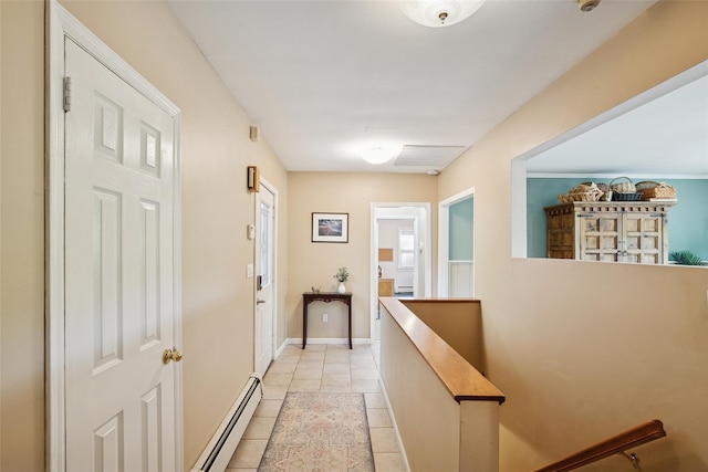 22 Washington Dr, Centerport, NY 11721 - hallway with an upstairs landing, a baseboard radiator, and light tile patterned floors