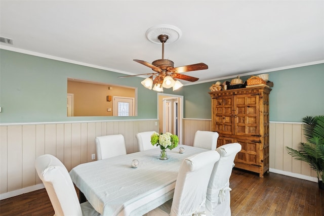 22 Washington Dr, Centerport, NY 11721 - dining area with a wainscoted wall, wood-type flooring, a ceiling fan, and ornamental molding