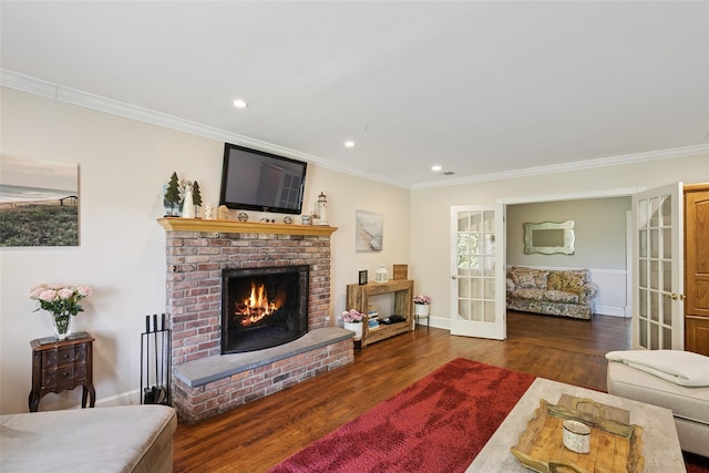 22 Washington Dr, Centerport, NY 11721 - living room featuring crown molding, a brick fireplace, wood finished floors, recessed lighting, and baseboards