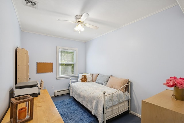 22 Washington Dr, Centerport, NY 11721 - bedroom with a baseboard radiator, crown molding, ceiling fan, and baseboards