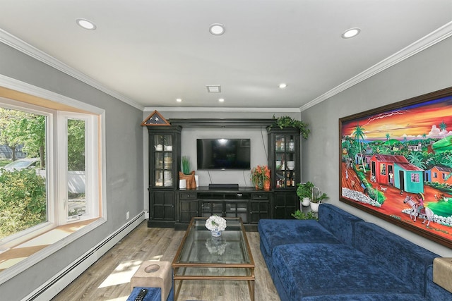 living room featuring recessed lighting, a baseboard radiator, wood finished floors, and ornamental molding