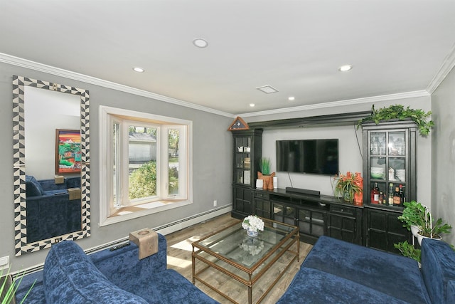 living area with recessed lighting, ornamental molding, wood finished floors, and baseboard heating