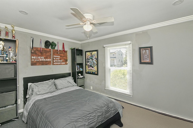 bedroom with crown molding, a ceiling fan, carpet, and a baseboard radiator