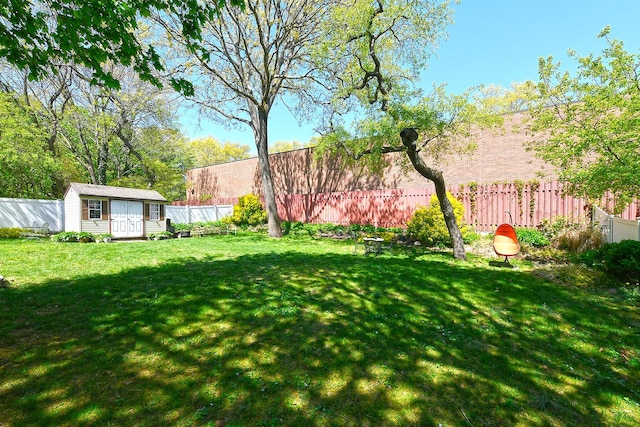 view of yard with a fenced backyard, an outdoor structure, and a shed
