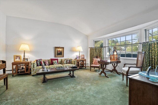 2 Yorktown Rd, Dix Hills, NY 11746 - living room with carpet flooring, vaulted ceiling, and baseboard heating