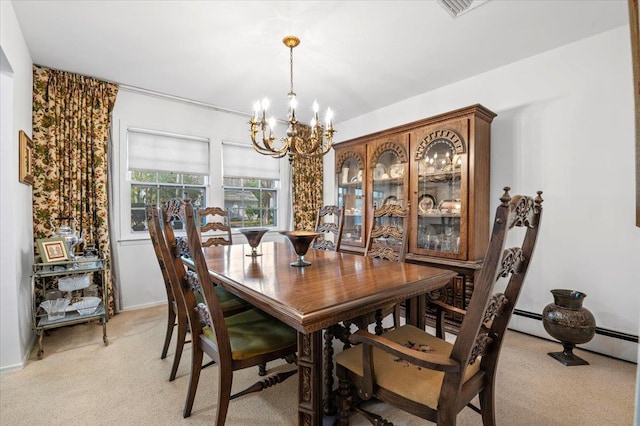 2 Yorktown Rd, Dix Hills, NY 11746 - dining space with baseboards, visible vents, light colored carpet, and a chandelier