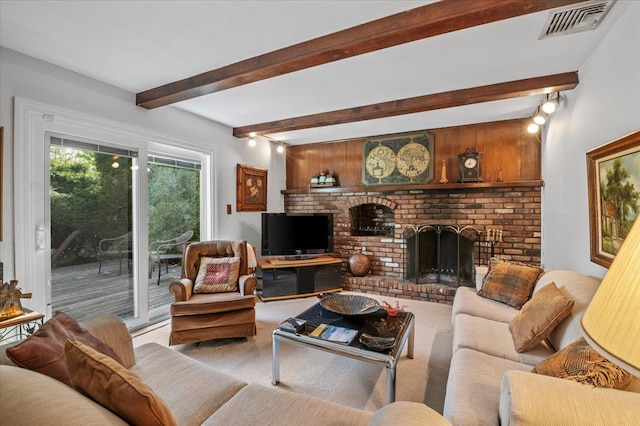 2 Yorktown Rd, Dix Hills, NY 11746 - living room with beamed ceiling, a brick fireplace, light colored carpet, and visible vents