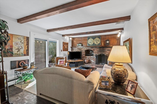 2 Yorktown Rd, Dix Hills, NY 11746 - living area featuring beamed ceiling, a brick fireplace, a baseboard heating unit, and visible vents
