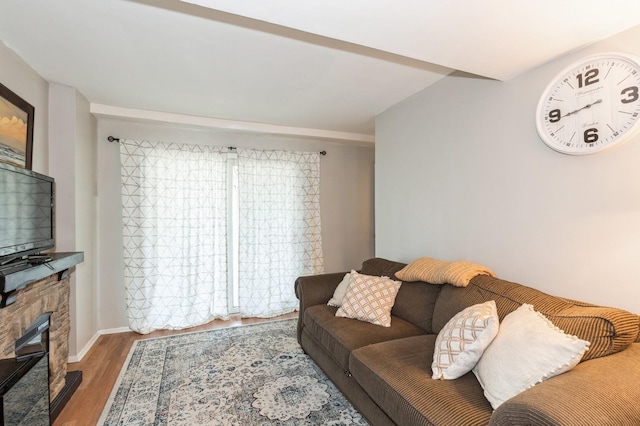 living area featuring baseboards, a glass covered fireplace, and wood finished floors