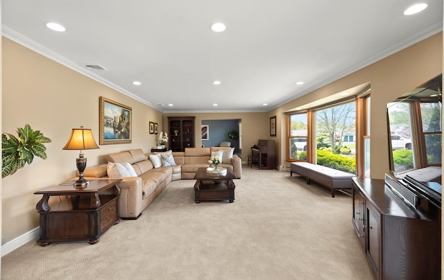living room with light colored carpet, recessed lighting, visible vents, and ornamental molding