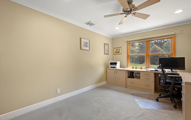office space with light carpet, a ceiling fan, recessed lighting, and visible vents