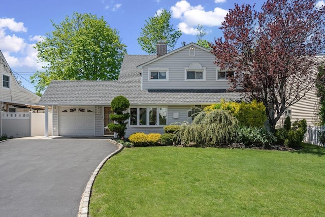 traditional-style home with a garage, fence, a front yard, a shingled roof, and driveway