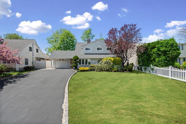 traditional-style home with fence, a garage, a front yard, a chimney, and driveway