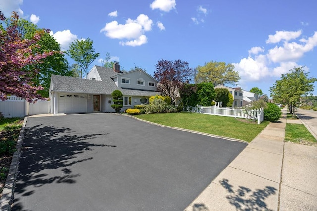 view of front of property featuring a garage, a front lawn, aphalt driveway, and fence