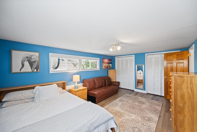 bedroom featuring two closets and wood finished floors