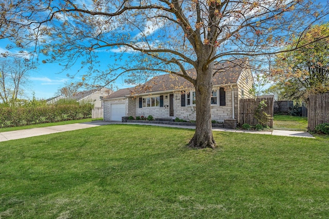 ranch-style home featuring a garage, a front lawn, fence, stone siding, and concrete driveway