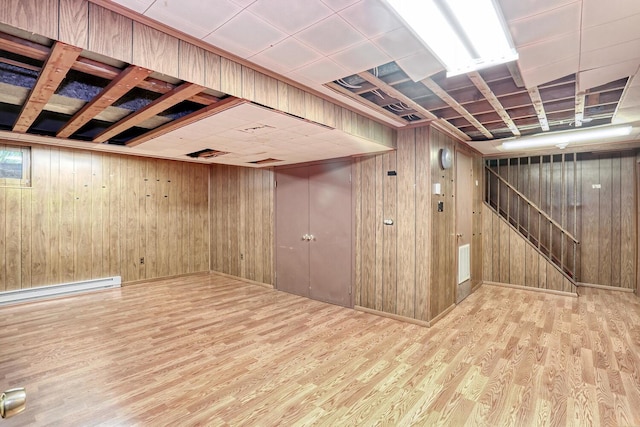 7 Macintosh Ln, Monsey, NY 10952 - finished basement with wooden walls, baseboard heating, stairs, wood finished floors, and visible vents