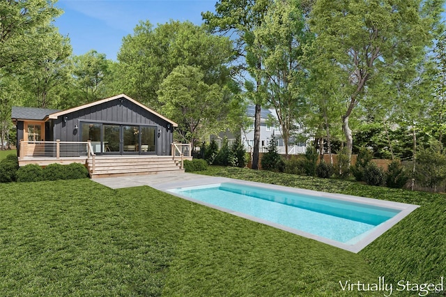 outdoor pool featuring a yard, a deck, and fence