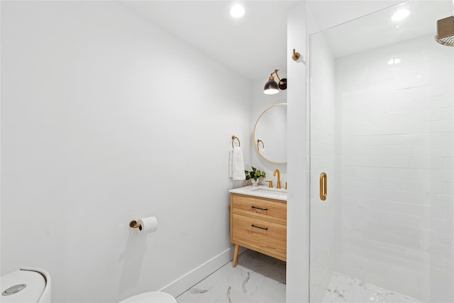 full bathroom with toilet, baseboards, marble finish floor, and a shower stall