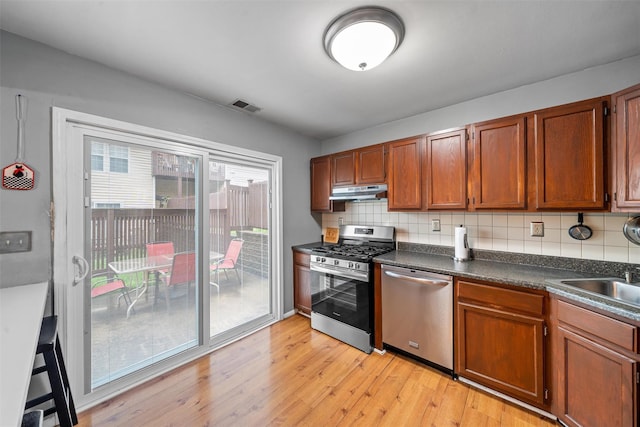 2816 Whispering Hls, Chester, NY 10918 - kitchen with appliances with stainless steel finishes, light wood-type flooring, dark countertops, under cabinet range hood, and backsplash