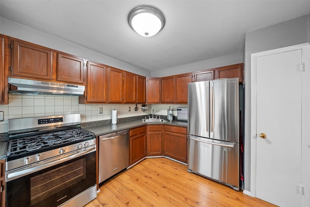 2816 Whispering Hls, Chester, NY 10918 - kitchen with appliances with stainless steel finishes, under cabinet range hood, dark countertops, light wood finished floors, and a sink