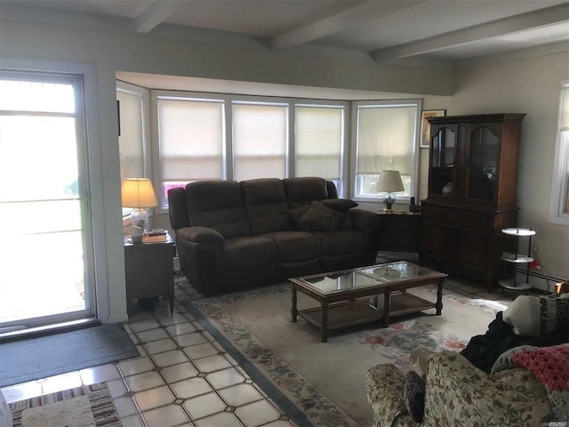 living area featuring beam ceiling and light floors