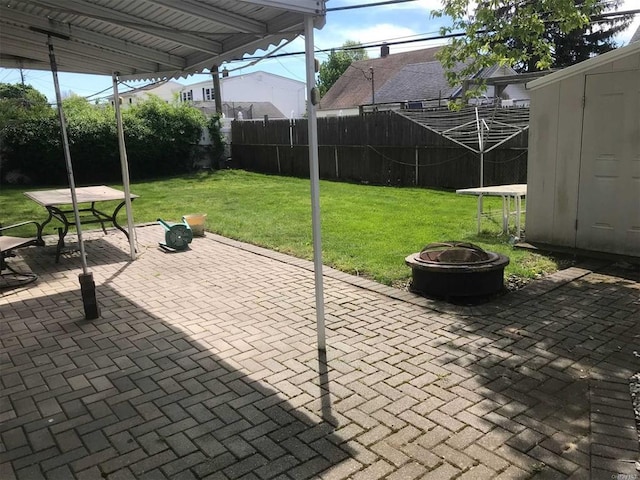 view of patio / terrace with a fenced backyard and an outdoor fire pit
