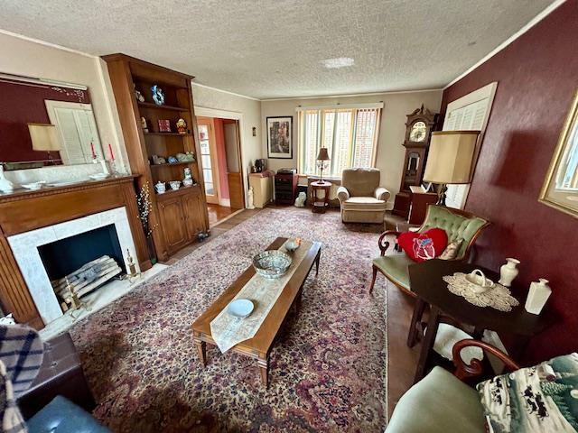 43-51 166th St, Flushing, NY 11358 - carpeted living room with a fireplace with flush hearth and a textured ceiling