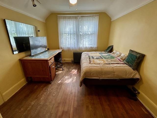 43-51 166th St, Flushing, NY 11358 - bedroom with baseboards, dark wood-style floors, radiator heating unit, and lofted ceiling