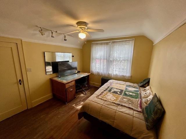 43-51 166th St, Flushing, NY 11358 - bedroom featuring dark wood finished floors, baseboards, ceiling fan, and rail lighting