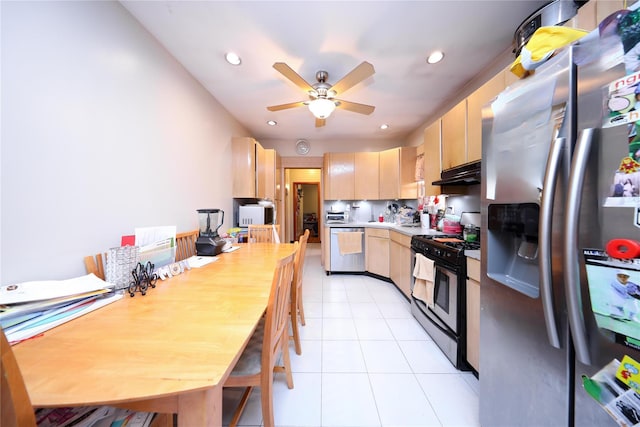 1464 W 5th St, Brooklyn, NY 11204 - kitchen with stainless steel appliances, light brown cabinets, under cabinet range hood, light countertops, and ceiling fan